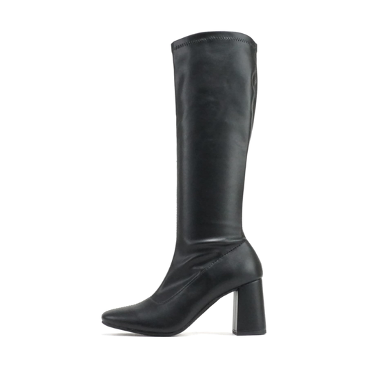 Bottes hautes noires en simili cuir à talon bloc moyen, bout pointu