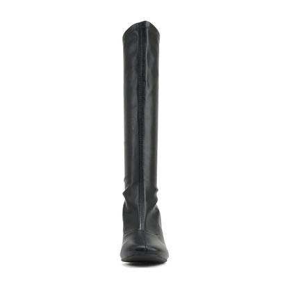 Bottes hautes noires en simili cuir à talon bloc moyen, bout pointu