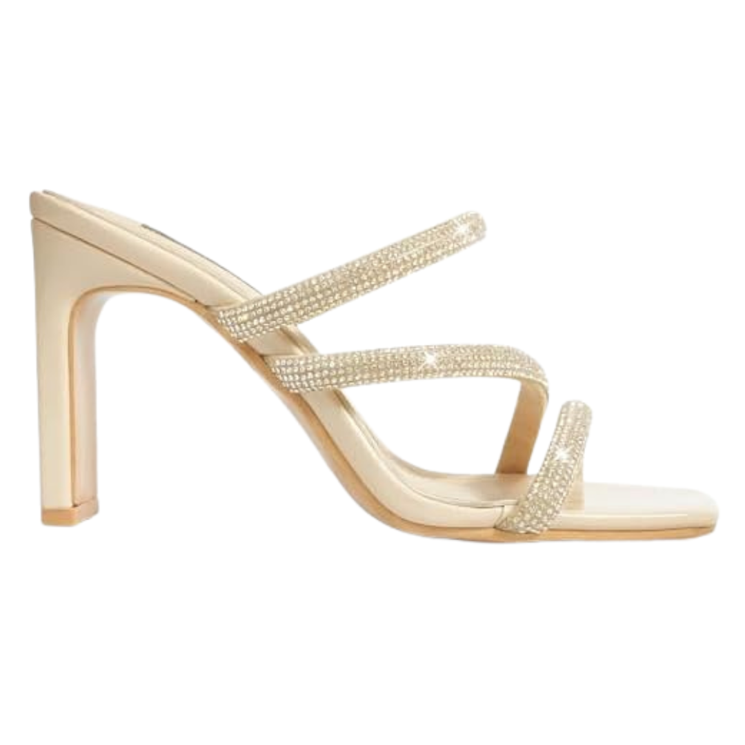Sandales à Talons Femme avec Strass, Bout Ouvert, Slip-On, Brides Multiples