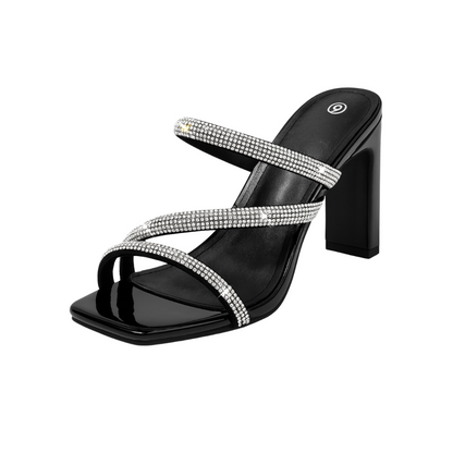 Sandales à talon femme noires élégantes – Bride strass croisée