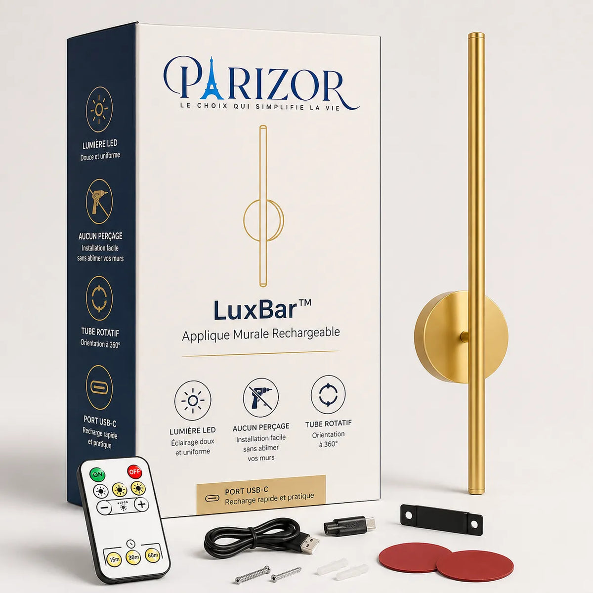 LuxBar Applique murale sans fil | Lampe murale LED rechargeable USB-C
